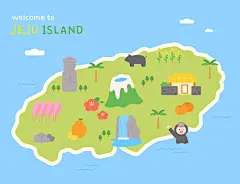 济州岛地图和标志性图标平面设计风格矢量插图