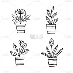 一套手绘盆栽室内植物