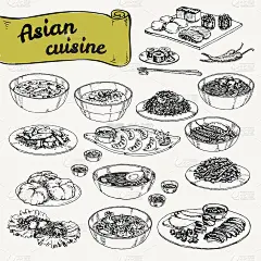 矢量手绘插图与一套亚洲菜