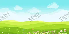 蓝天绿草地插画素材 【酷图网】春天插画,蓝天白云,花朵草地,绿草,天空插画