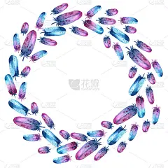 水彩插图，蓝紫色羽毛的圆形框架。手绘