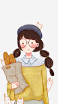 手绘卡通抱面包袋女孩