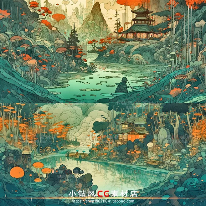 ai国风场景素材 唯美重彩古风场景背景设计游戏插画资源 临摹素材-花瓣网