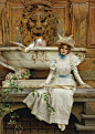 意大利著名画家Vittorio Matteo Coros（1859-1933），非常擅长描绘打扮精致的贵族青年男女，这幅《待在喷泉边》便是他的经典代表作。
画中的美好时代女子，身着优雅白裙、白鞋，手中持着白阳伞，安静的凝视着前方，微妙又感性。而画作细节的逼真程度，更是与照片相差无几。