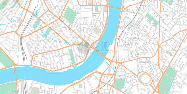 城市地图。有街道和公园的城市中心，城镇地形平面图，导航应用的GPS路线模型。市区俯视图与河流和道路布