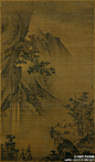 【 明 钟礼 《高士观瀑图》 】轴，绢本，淡设色，178×104cm，美国大都会艺术博物馆藏。 图中危崖耸立，瀑布垂挂直落谷底，水雾弥漫。雅士于园林一角。凭栏观飞泉，神态怡然陶醉，超然清逸之趣溢于画外。 山石全以斧劈皴出之，描绘树木勾点并用。整幅图有峻峭秀逸之气。