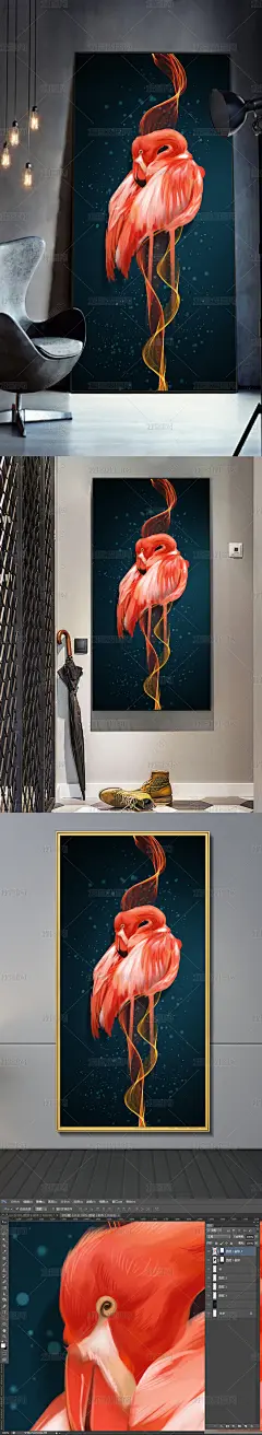 花纹图案-欧式创意手绘彩色羽毛火烈鸟晶瓷画花纹图案家居数码图案