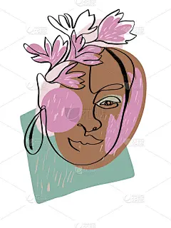 现代超现实主义女性脸部插画。当代抽象人物肖像。时尚的极简主义大纲插图。连续线的艺术。