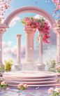 arch and garden 3d mockup, in the style of rococo pastels, bess hamiti, liquid light emulsion, columns and totems, qian xuan, fairycore, romantic riverscapes