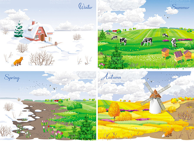 四款卡通春夏秋冬季节风景背景矢量素材