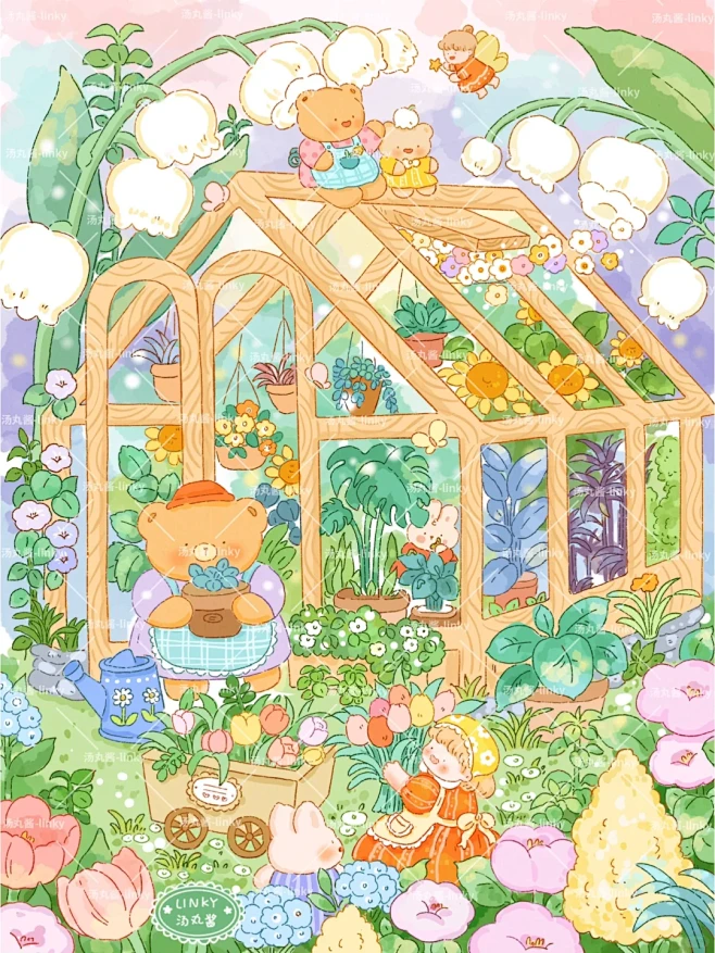 小熊的玻璃花房｜iPad治愈原创绘画
