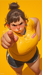 Clay material, 3d cartoon character, Middle-aged Chinese woman with a big belly, thick body, sweating profusely, short tights, , short hair, and his left hand out in front of him, pointing his index finger at his opponent, challenging him. yellow backgrou