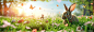 green grass , Some easter bunny playing in the grass, There are rabbits coming out of their holes, There are butterflies flying in the sky, There were scattered flowers on the ground,There are some easter egg,more pink color,More orange color,high detail,