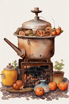AI数字艺术手绘围炉煮茶插画