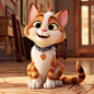 disney style calico cat, pixar, sitting with paws on the floor, facing front, happy