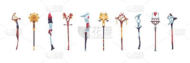 魔法杖。巫师手杖和魔杖。古董权杖武器与装饰水晶。神奇的木制和金属手杖。巫师和萨满工具。向量术士服装元