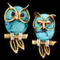 18 karat yellow gold turquoise and diamond 'owl' cufflinks, Cartier 1950s Oval turquoise with whimsical yellow gold and gem accent.