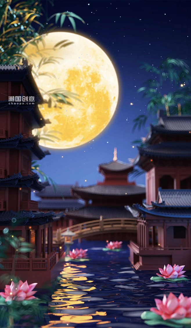 3D中国风中式建筑中秋中秋节立体场景中秋赏月图片_潮国创意-花瓣网