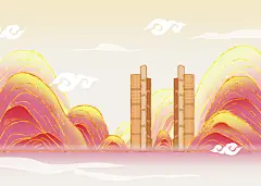 渐变红国潮鎏金双子塔地标建筑插画