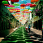 葡萄牙缤纷雨伞街设计-----教育研究员Patricia Almeida在一次行程中偶然发现了这不寻常的景象，35岁的她说：走在雨伞的天空下，让我想起了爱丽丝梦游仙境，我为所有的颜色感到惊奇不已，并在这简单的装置中感到快乐。