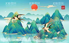 国潮风山水花鸟背景墙  - 源文件下载【酷图网】国潮风山水,山水花鸟,背景墙,国潮风,国潮画,国潮背景墙,中国风,手绘插画,线描,青山绿水,古风山水,中国风山水,水墨禅意,背景水墨,中式禅意