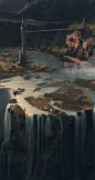 Mickaël Forrett’s matte painting for Horizon. Combining fantasy, waterfalls, cool tall towers, more waterfalls, and realistic looking land.: 