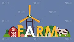 几何形状,农场,农舍,绘画插图,矢量,字体,风车,母牛,构图