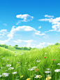 The green grass of the meadow against a blue sky, in the style of whimsical anime, 32k uhd, flower and nature motifs, realistic and hyper - detailed renderings, pastoral charm, soft and dreamy atmosphere