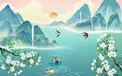 国潮春天插画春江水暖鸭先知立春插画桃花山水插画