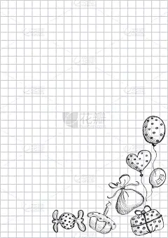 矢量空白的信件或贺卡。方格纸，白色方框形式的手绘礼品，气球，糖果和蛋糕。A4格式大小。卡片，空白和表