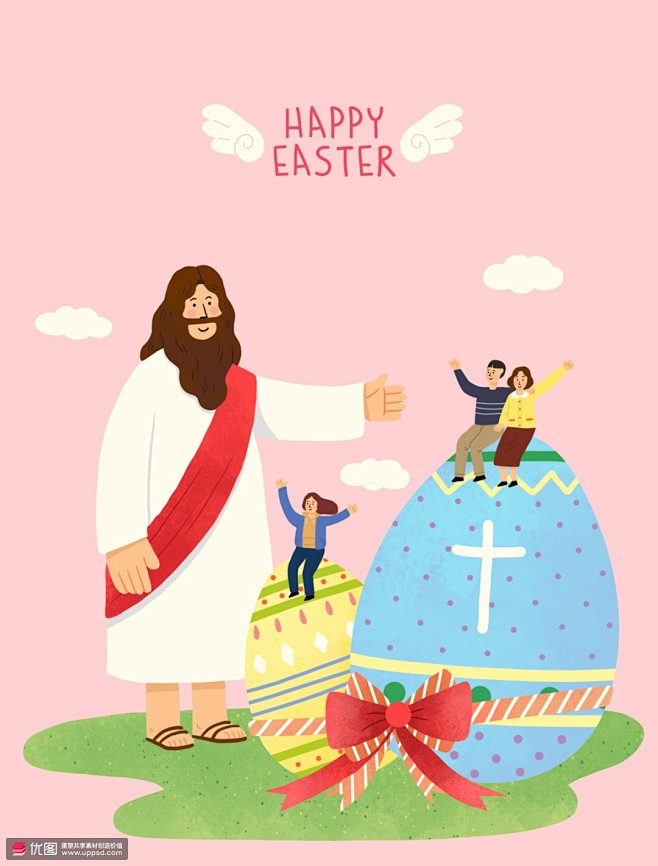 丝带彩蛋耶稣复活节过节人们基督教插画 宗...