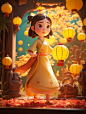 cute girl,princess,jump up,dieney,long hair,hanfu,satin,chinese style,ribbon,busy strsst,sunny day,full body,3d art,c4d,octane rendering,ray tracing,clay material,popmart blind box,pixar trends,animated lighting,depth of field,super fine
