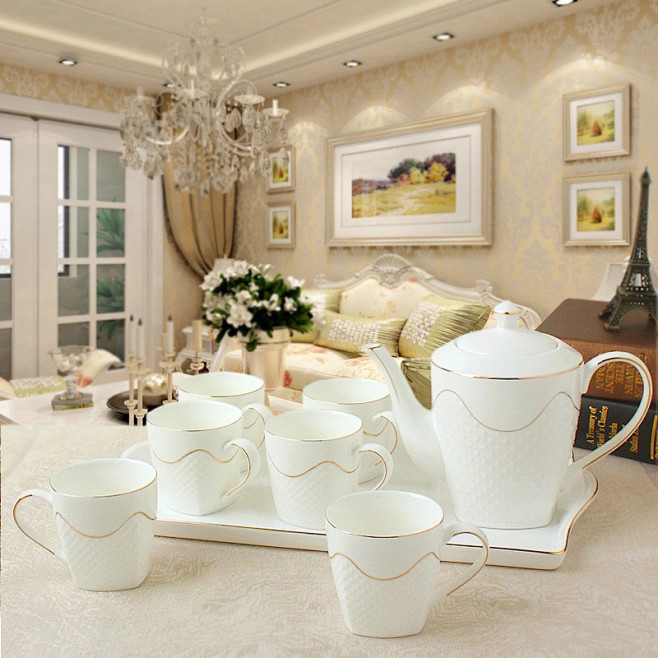 欧式茶具陶瓷套装整套8头浮雕骨瓷水壶杯子...