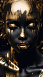 the black beauty with gold eyes, in the style of bio-art, raw metallicity, black and white mastery, gold, african influence, pure color, pop colorism