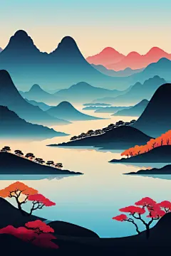唯美国潮风扁平山水意境插画