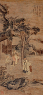罗聘——《右军从贤图》设色纸本 立轴大图欣赏  |  
清|罗聘(1733-1799)，"扬州八怪"之一。字遯夫，号两峰，又号衣云、花之寺僧、金牛山人、师莲老人等。祖籍安徽歙县，后迁扬州。为金农入室弟子，人物、佛像、山水、花果、梅、兰、竹等，无所不工，笔调奇创，超逸不群，别具一格。妻方婉仪，字白莲，亦擅画梅兰竹石，并工于诗。子允绍、允缵，均善画梅，人称"罗家梅派"。