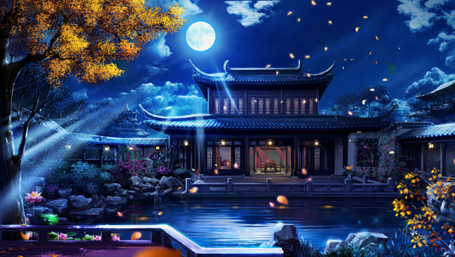 中国古代手绘插画-手绘插画古风夜晚场景-...