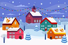 卡通圣诞节小镇社区房屋房子街道平安夜圣诞树雪景插画ai设计素材-淘宝网