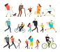 Men and Women Walking Outdoor. Vector Cartoon