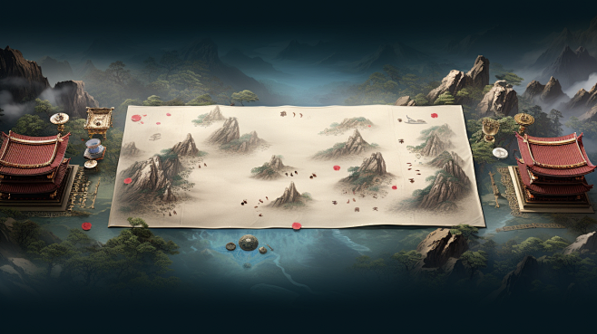 精灵时光地图，手卷风格，传统动画，南北朝...