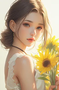 AI数字艺术夏季夏天金色向日葵人物插画-众图网
