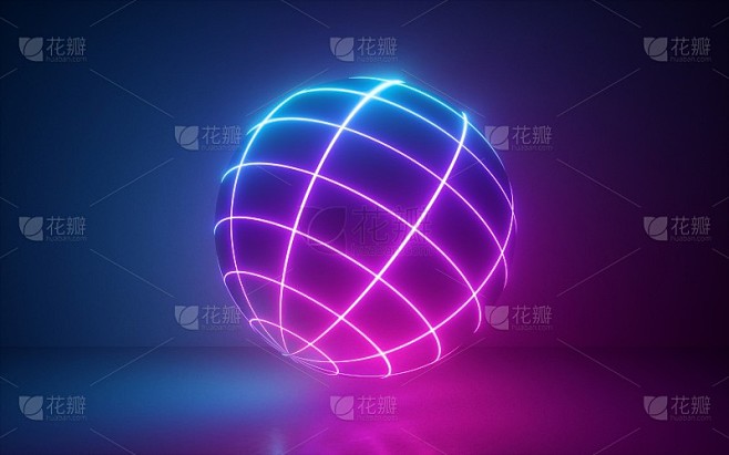 3d渲染，发光的霓虹灯球，球模型，激光显示，催眠迪斯科球，深奥的能量，抽象的背景，紫外光谱