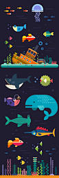 Underwater world : Sea life. Sunken ship at the bottom of the sea and fish: whale, shark, sword fish and other. Vector flat illustration
