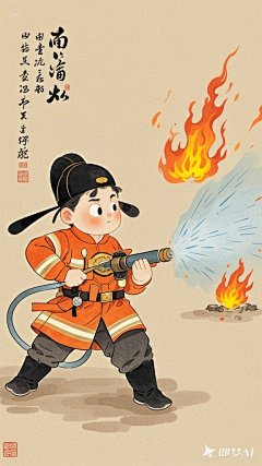 全景,水墨插画,极简主义，三头身，唐代男士插画,男士变身消防员，现代人物与古风工笔画结合，画风细腻成熟，独特的风格，识别度高，人物讨喜又不失韵味，可爱的Q版唐代风俗画图，背景简洁，纯色背景。 (3)