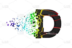 破碎破碎的彩色字母D大写。粉碎的黑色和彩虹字体。3D渲染孤立的白色背景。