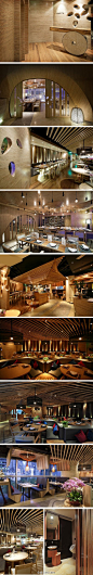 陈德坚设计师作品~ 香港日式“芝麻”餐厅，灯具，餐厅顶面的线面穿插，都独具特色。