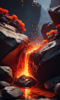 00148-2895689345-instagram photo,Hyperrealism,cinematic,realistic,4K,magma flowed from the side of the rock,a splash of sparks,bright light and s
