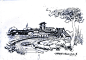 课堂示范：园林建筑空间--手绘线稿表现 图幅大小：A3 画面中通过对前景园林植物的形体描绘来衬托中景建筑直线条的曲直对比，前景中的植物表现上要求精细，丰富，造型优美。在色调层次上，也是把建筑屋顶部进行深灰色排列，建筑立面本身的白，建筑屋檐的阴影，自然也就构成了画面中黑白灰三大层次的对比。手绘官网  http://www.hzt2014.com 