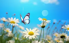 小雏菊花朵蓝天白云蝴蝶素材壁纸
