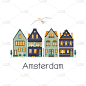 有传统建筑的阿姆斯特丹街道。全景卡在一个平坦的风格。矢量图